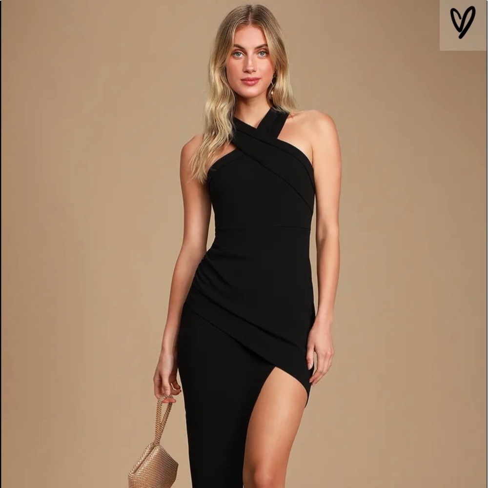 Lulus asymmetric midi black dress.